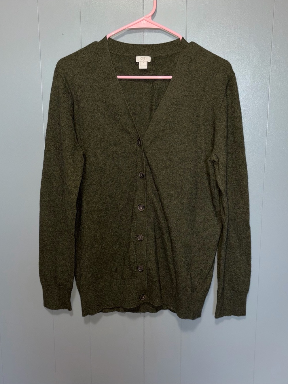 J. Crew V-Neck Olive Green Cotton Wool Blend Cardigan Sweater Medium